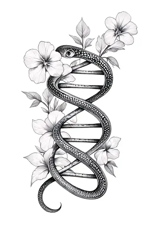 simplistic dna strand morphing into a snake coiled around violets tattoo design idea