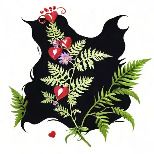 fern plant with red hearts and purple flowers growing tattoo design idea