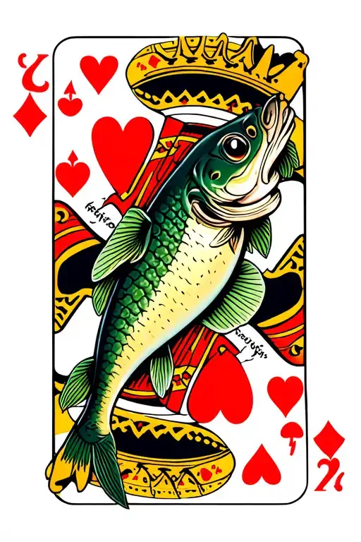 small mouth bass with crown on king of hearts playing card tattoo design idea