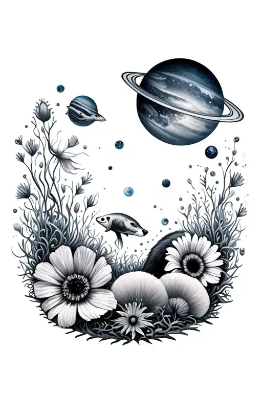 sleeve featuring galaxy, fish, sea anemone, dog digging, poppy, daisy, badger, underwater, planets, nature tattoo design idea
