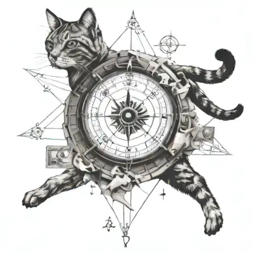balance money addiction travel compass geometry  cat tattoo design idea