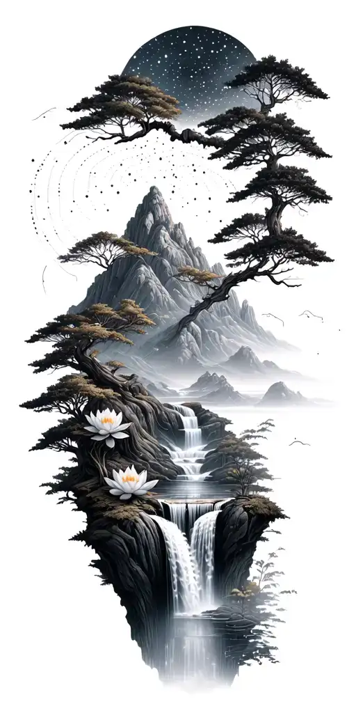 collage of space constellation, Buddhist mountain, trees, waterfall, lotus, large mechanical gears of wood, tribal lines tattoo design idea