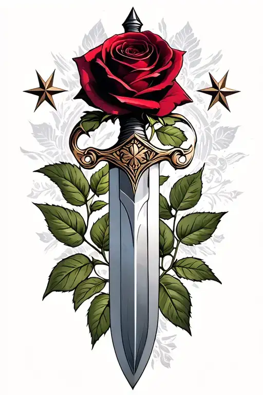 dagger with the tip of the blade in a dark red rose, with three eight pointed stars above the hilt tattoo design idea