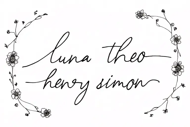 the names "luna theo henry simon" in cursive with flowers around it, fine line,  delicate tattoo design idea