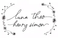 the names "luna theo henry simon" in cursive with flowers around it, fine line,  delicate tattoo design idea