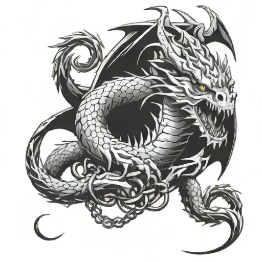the dragon breaks the chains, there is lightning around and he crushes human skulls with his paw tattoo design idea