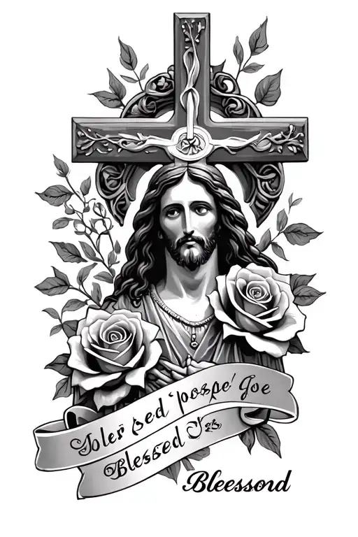 roses and jesus with a cross and blessed letters tattoo design idea