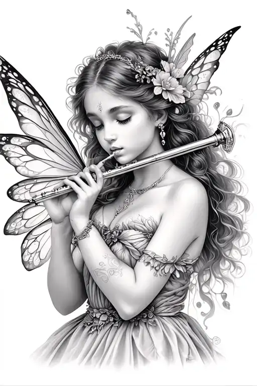 fairy playing the flute tattoo design idea
