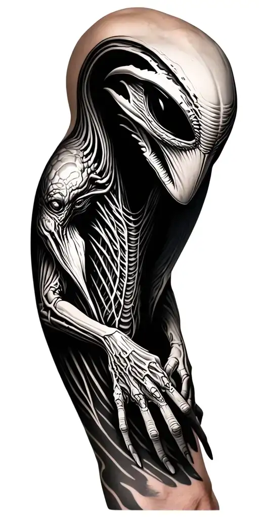 3d alien animal gripping onto arm sleeve tattoo design idea