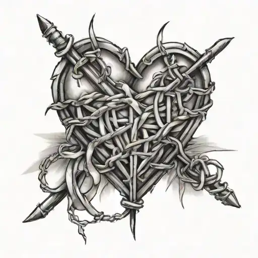 Barbed wire heart, names outside (Conny, Friedel, Sabrina) tattoo design idea