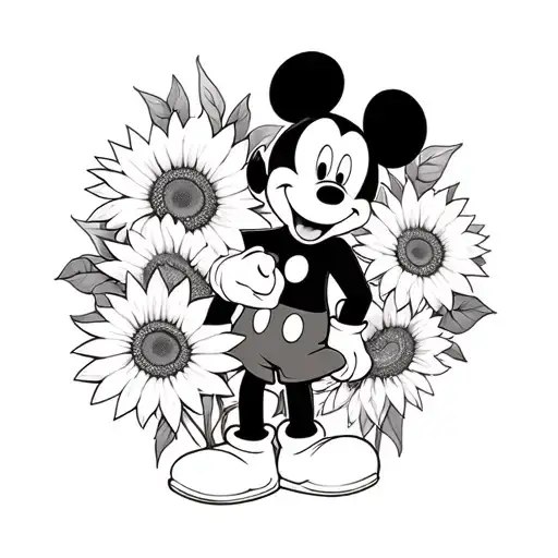 mickey mouse and sunflowers tattoo design idea