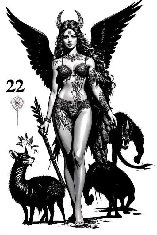animals jungle with angel number 222 with woman warrior tattoo design idea