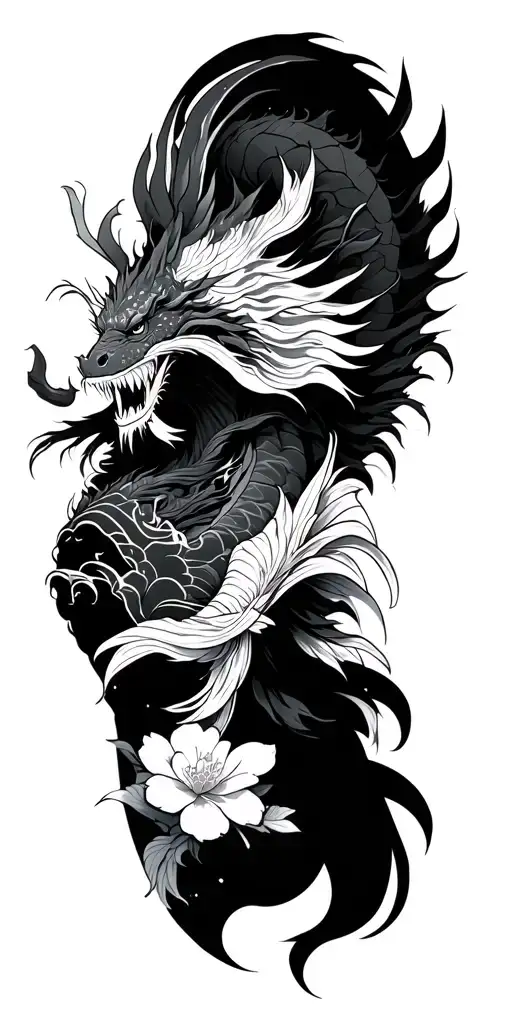 cyber samurai and dragon and koi fish and sakura flowers and waves tattoo design idea