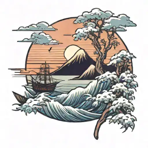 outrun sunset scene tattoo design idea