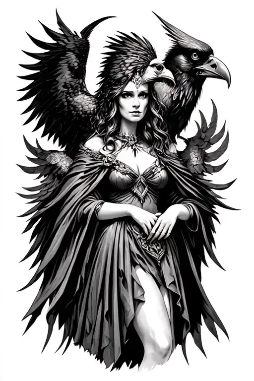 The Morrigan Goddess of Death and a large crow.  Beautiful but terrifying. Wearing a dress with a cloak.  tattoo design idea