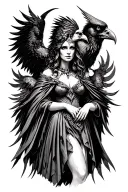 The Morrigan Goddess of Death and a large crow.  Beautiful but terrifying. Wearing a dress with a cloak.  tattoo design idea