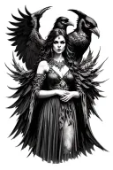 The Morrigan Goddess of Death and a large crow.  Beautiful but terrifying. Wearing a dress with a cloak.  tattoo design idea