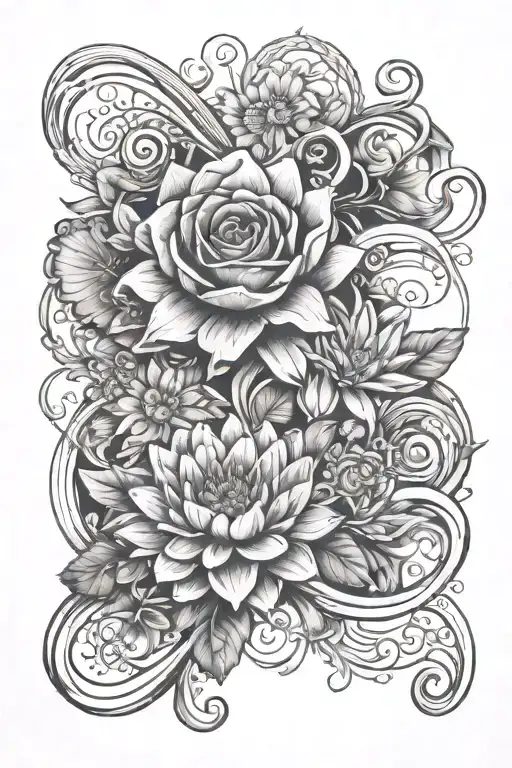 infinity symbol integrated with a daisy a rose and a water lily  tattoo design idea