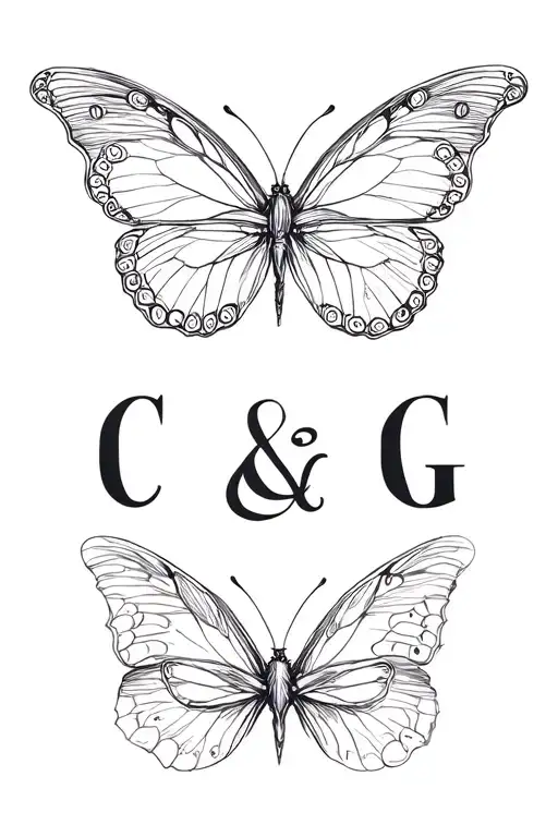 "Initial C and G along " Delicate butterfly with long thin athens  tattoo design idea