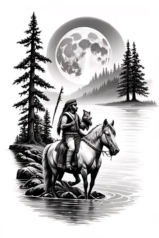 An Indian on a horse a river a wolf howling at the moon on a ledge and trees tattoo design idea