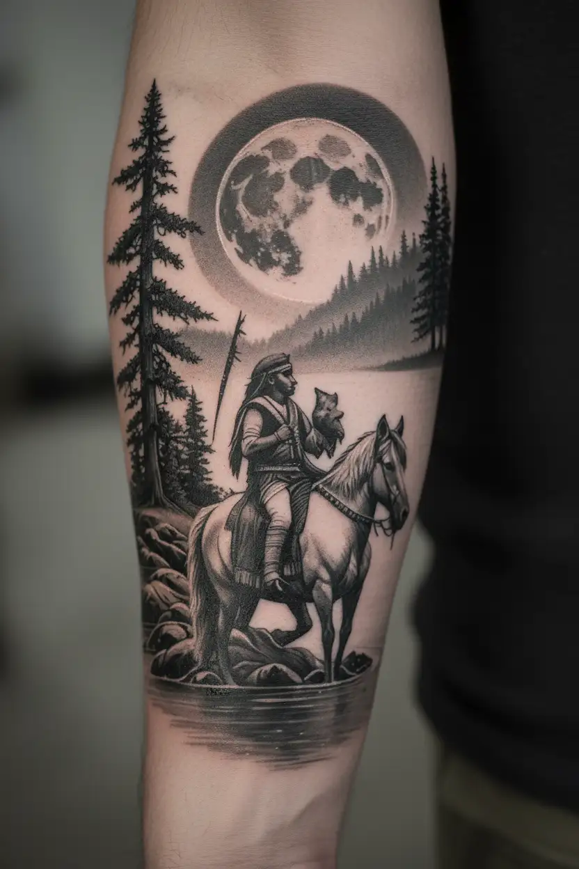An Indian on a horse a river a wolf howling at the moon on a ledge and trees tattoo design idea