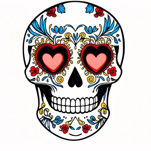 White sugar skull tattoo; heart eyes; red/blue/yellow flourishes; symmetrical; clean stencil; no background; no fabric. tattoo design idea