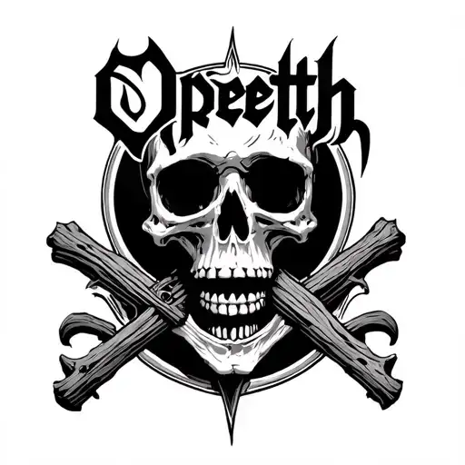 Opeth band logo above a woodcut skeleton tattoo design idea