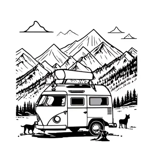 Campervan with a pitbull and German Shepard in the mountains.  tattoo design idea