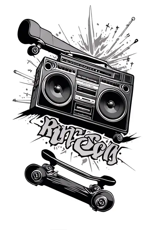 Street culture tattoo design combining a boombox, skateboard, and graffiti letters, hip hop energy, bold linework, urban tattoo design idea