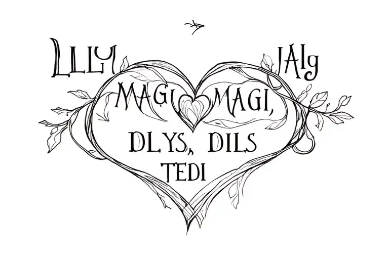 "LILY, MAGI, DILYS, TEDI " heart intertwined tattoo design idea