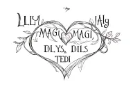 "LILY, MAGI, DILYS, TEDI " heart intertwined tattoo design idea