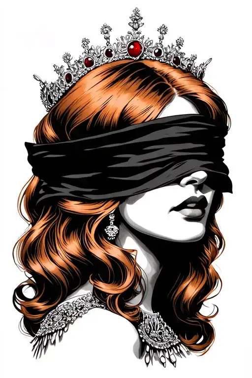 a blind queen with ginger hair wearing a blindfold covering her eyes tattoo design idea
