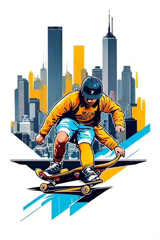geometric design with chicago city skyline and skateboarding  tattoo design idea