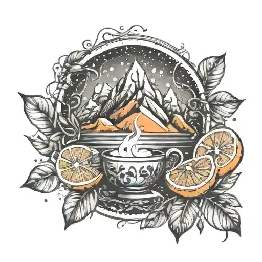 An intricate design of orange slices intertwined with tea leaves and mountain silhouettes tattoo design idea