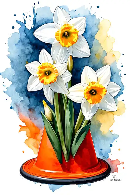 traffic cone with narcissus flower tattoo design idea