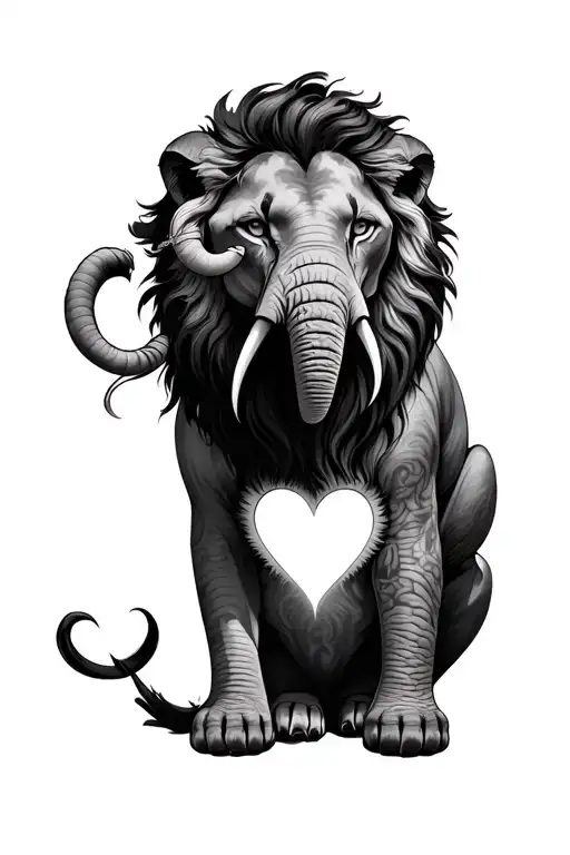 feminine lion with a hole in her chest showing a masculine elephant instead of a heart  tattoo design idea