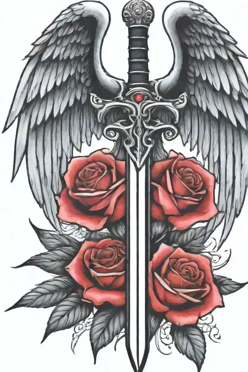 angel wings behind a sword, roses tattoo design idea