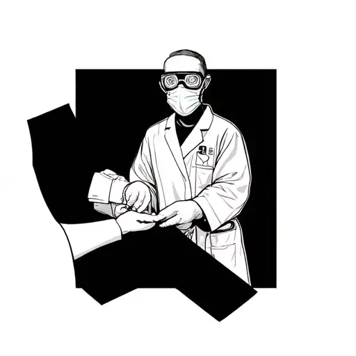 The center of the composition depicts a dentist in a mask and goggles, dressed in a medical bathrobe in the hand of a dentist Karpu tattoo design idea