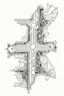 A electronic christian cross made out of computer processor and device pieces woth a lot of wires  tattoo design idea