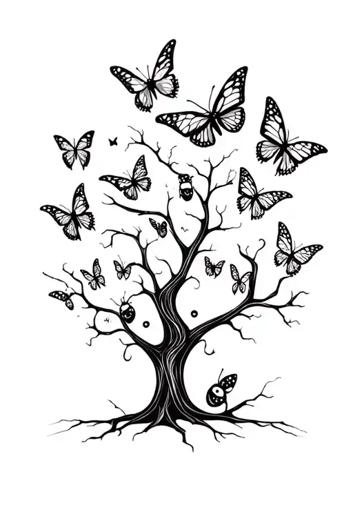evil ladybugs and butterflys and emojis tree backround tattoo design idea