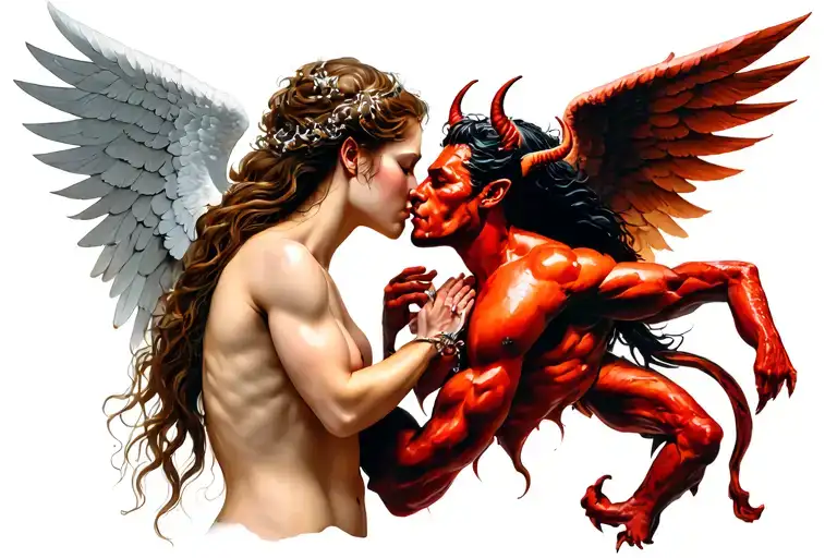female angel kissing a male devil tattoo design idea