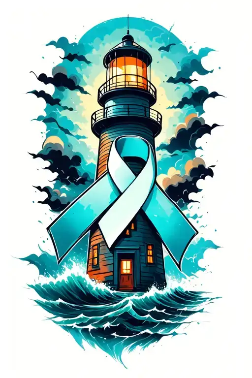 Lighthouse in the storm with a ovarian cancer awareness ribbon the Lighthouse  tattoo design idea