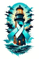 Lighthouse in the storm with a ovarian cancer awareness ribbon the Lighthouse  tattoo design idea