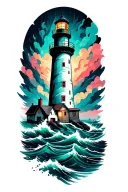 Lighthouse in the storm with a ovarian cancer awareness ribbon the Lighthouse  tattoo design idea