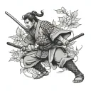 samurai doing back kick and ivy leaves tattoo design idea