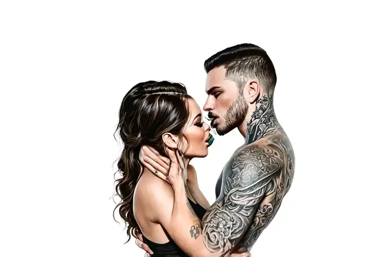 lovers Chad biting Nicole's neck with Nicole tattood on him tattoo design idea