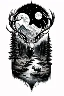 mountains with a stream, moonlight, torn u.s flag, big mule deer buck, and bold not all who wonder are lost compass  tattoo design idea