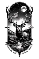 mountains with a stream, moonlight, torn u.s flag, big mule deer buck, and bold not all who wonder are lost compass  tattoo design idea