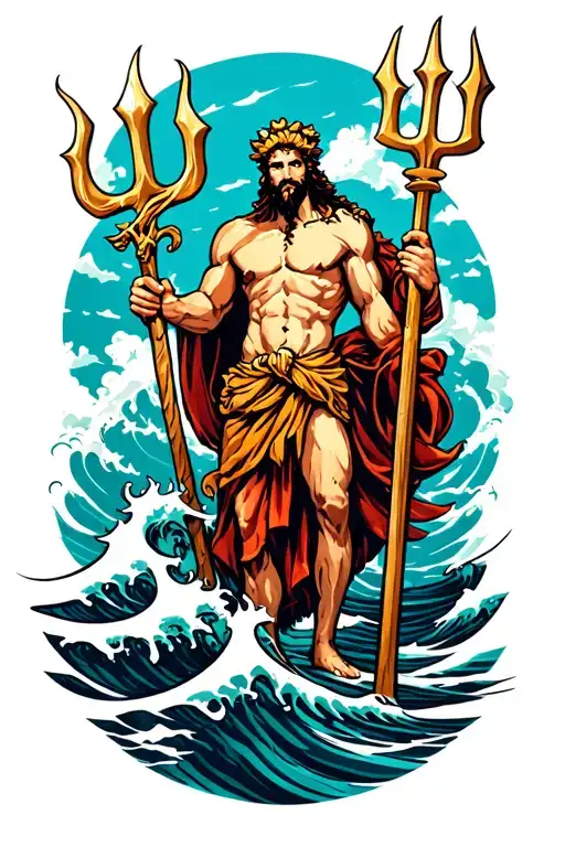 poseidon holding trident intertwined with waves tattoo design idea