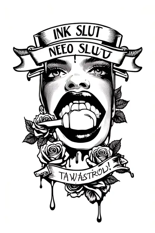 dripping mouth  with a coil tattoo machine and roses in the background with 2 banners reading ink slut tattoo design idea